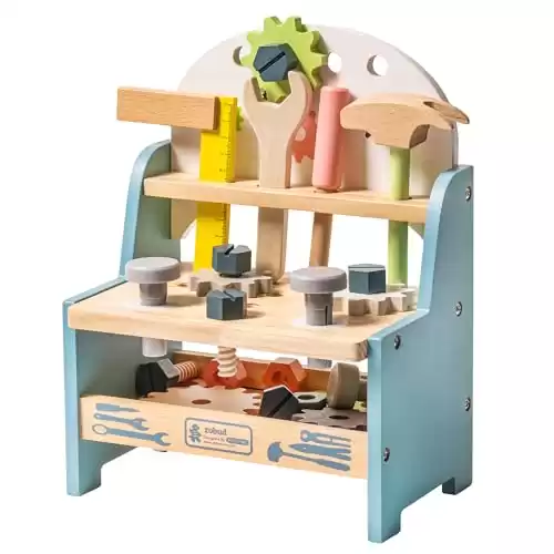 ROBUD Mini Wooden Play Tool Workbench Set for Kids Toddlers