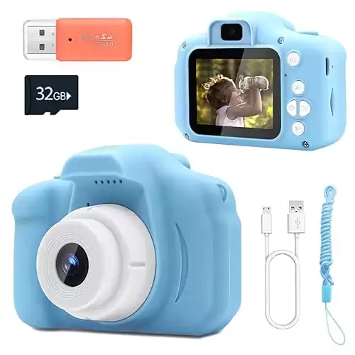 Kids Camera, Front and Rear Camera Digital Cameras for Boys and Girls Gift Age 3-9, 2.0 -inch Screen,1080P Video with 32GB SD Card-Blue