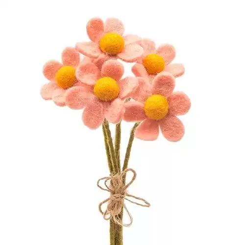 Glaciart One Felt Flowers Artificial Bouquet - 5 pcs | Reusable, Washable and Essential Oil Ready Pastel Artificial Flowers w/Bendable Wire Stem | Great as Gift and Home or Event Decorations